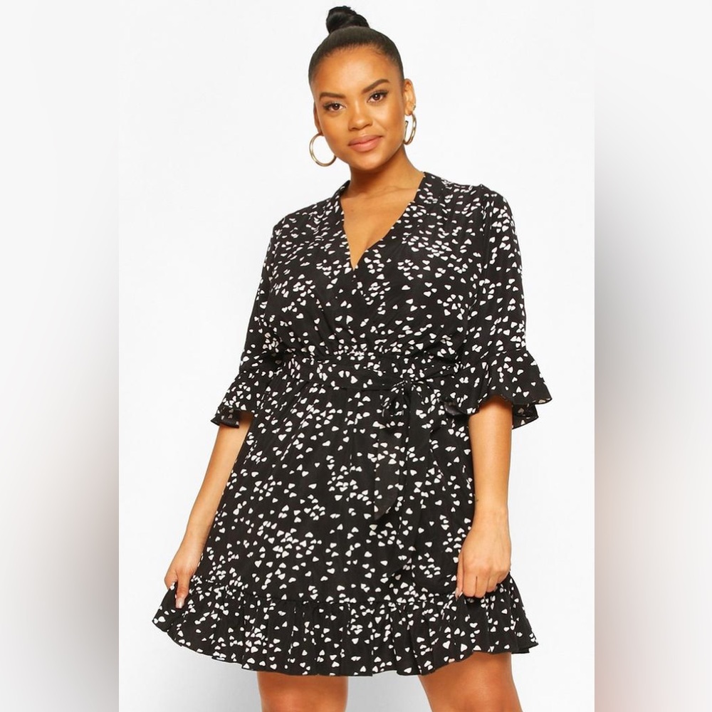 PLUS HEART PRINTED WRAP SKATER DRESS